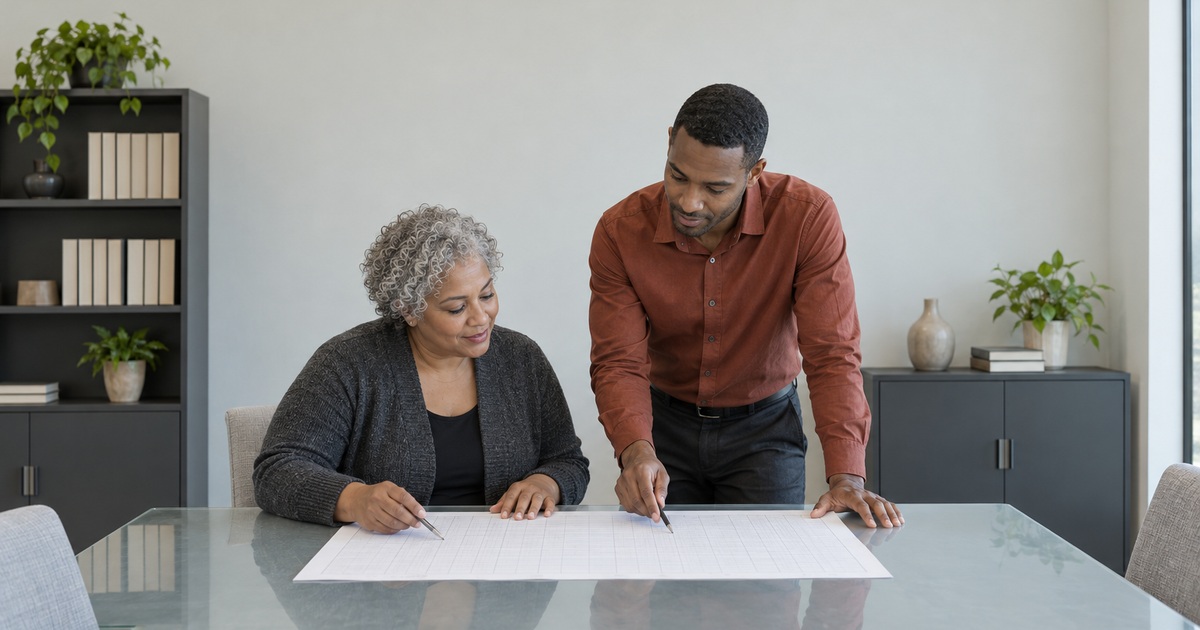 Two accounting professionals review a broad fictional ledger sheet together in a small office.