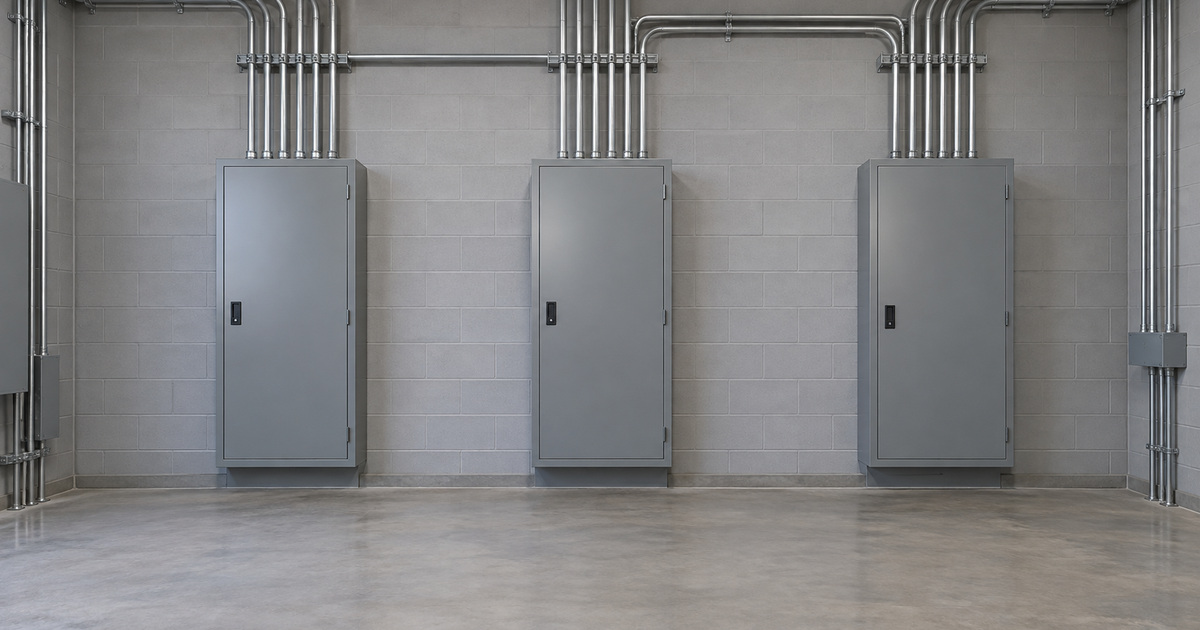 Closed electrical cabinets and metal conduit runs line a clean commercial service room.