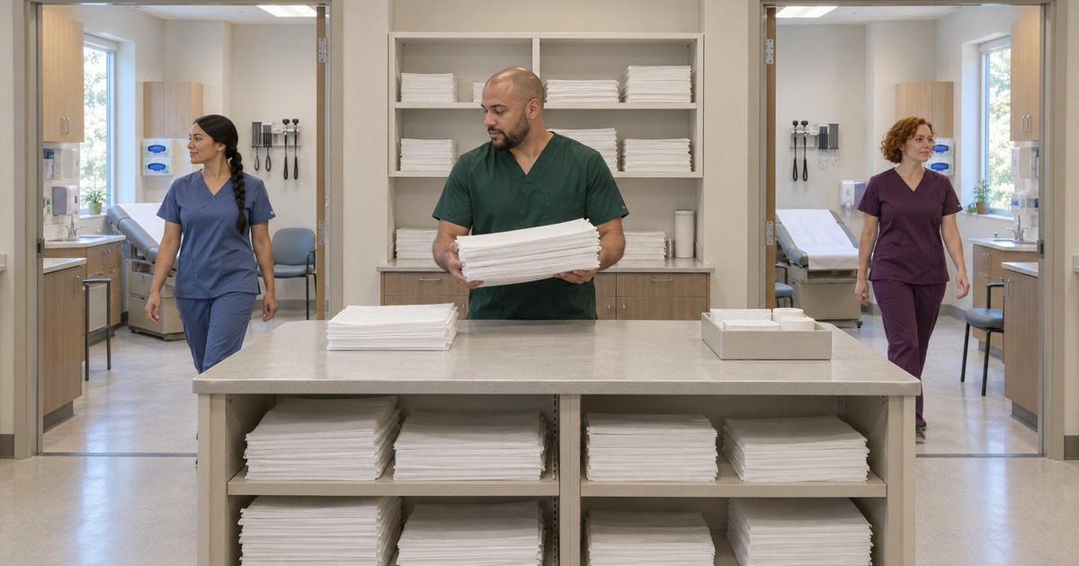 Three clinic staff prepare empty exam rooms while one worker lifts folded exam-table covers from a central supply island.