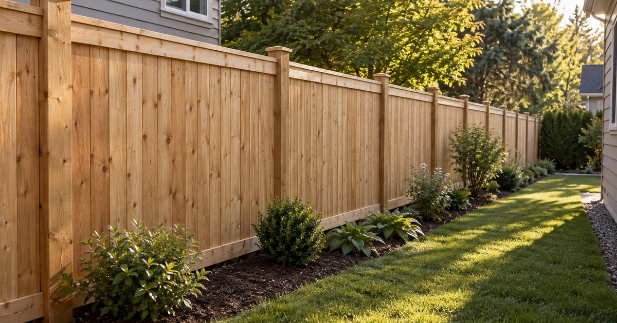 A straight cedar privacy fence with level rails and evenly spaced posts runs along a landscaped side yard.