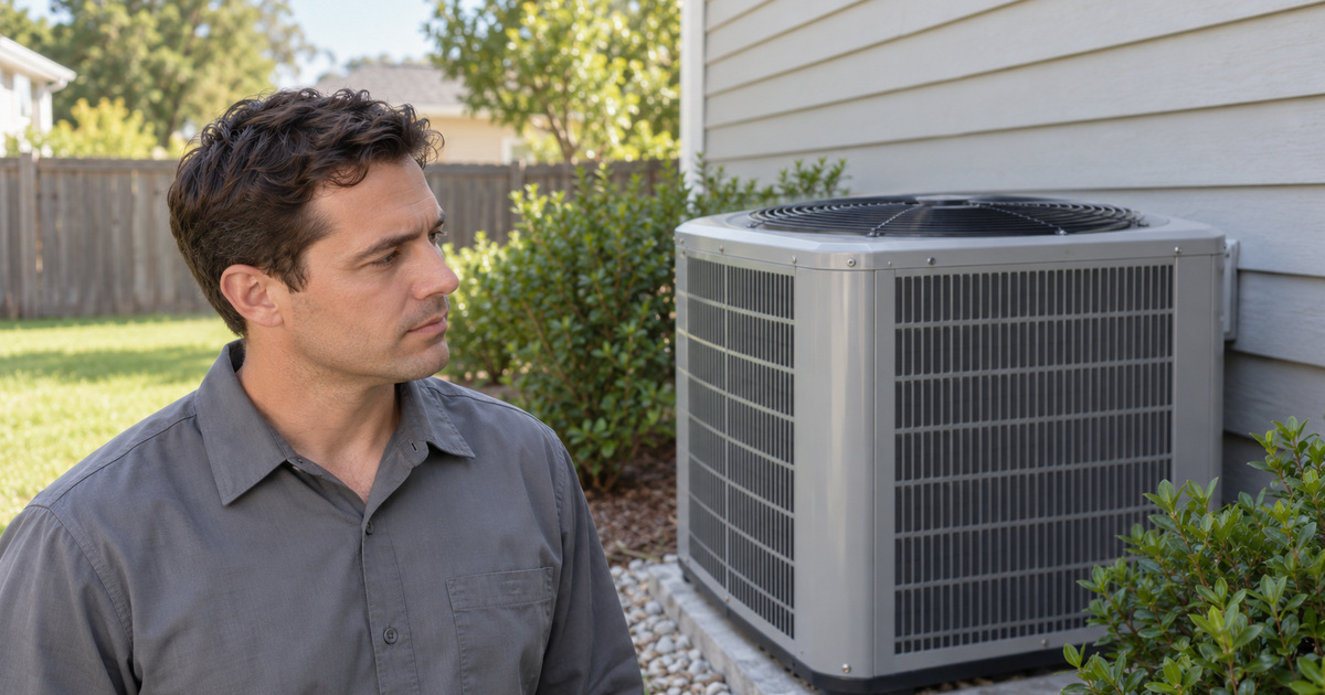 An HVAC service technician visually checks an outdoor air-conditioning condenser in a residential side yard.