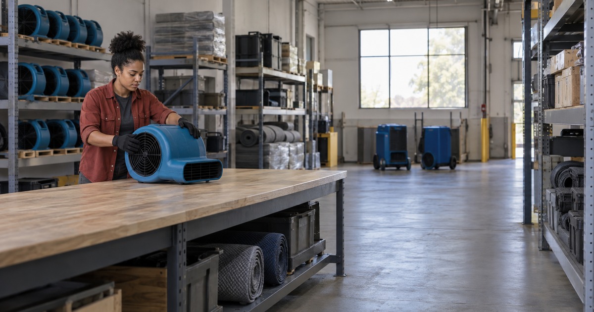 A restoration equipment coordinator stages an air mover on a preparation bench.