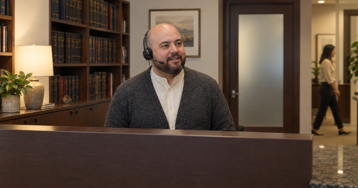A legal-office receptionist answers a headset call behind a wood counter as a coworker crosses the distant hallway.