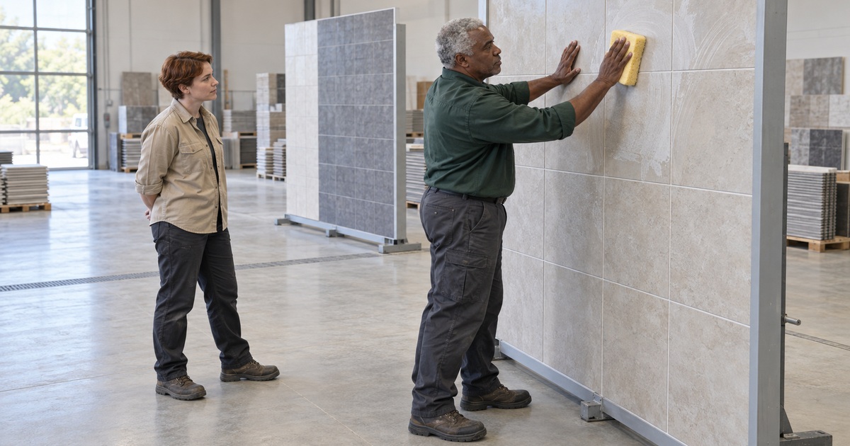 A tile finisher wipes grout haze from a vertical ceramic tile sample wall while a trainee observes.