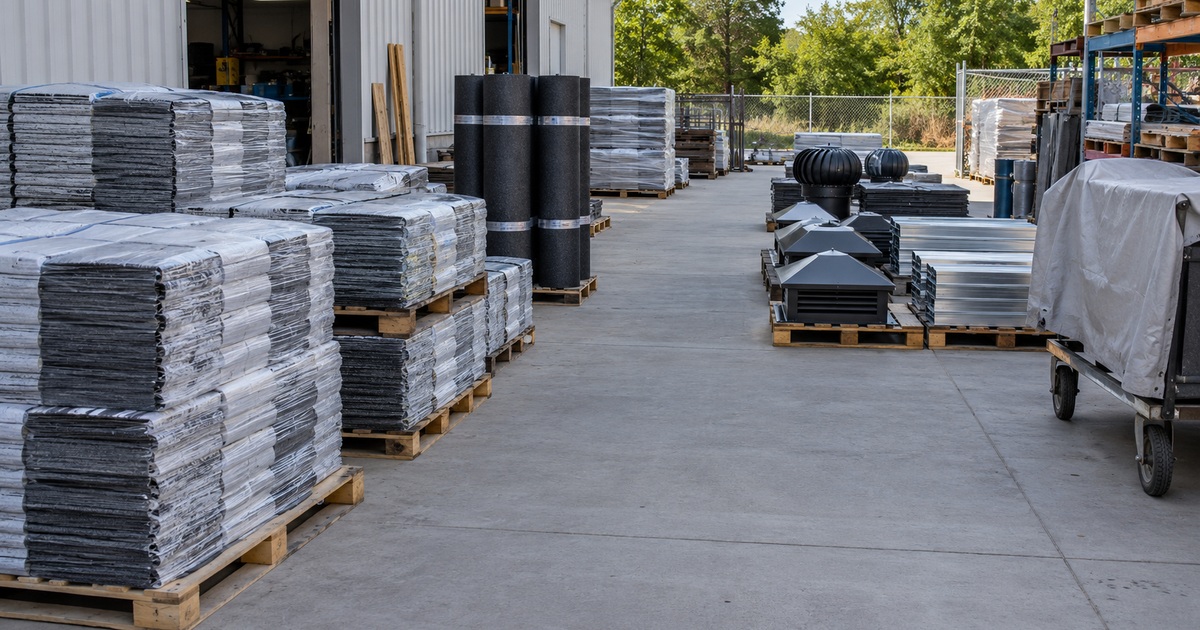 Roofing materials are staged in an orderly ground-level contractor work area.