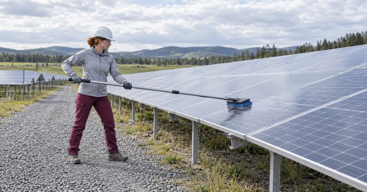 A solar technician cleans a ground-mounted photovoltaic module with a long-handled soft brush.
