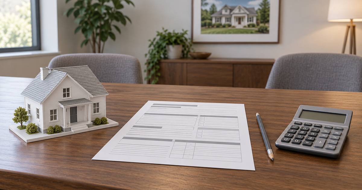 A model house, blank planning sheet, calculator, and pencil sit on a wood table in a consultation room.