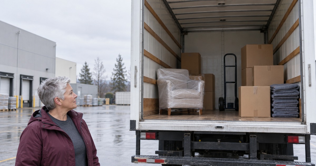 A moving-company crew lead visually checks an orderly partly loaded box truck at a wet commercial loading area.