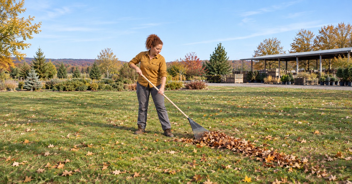 A landscaping worker gathers dry leaves with a broad rake on level turf.