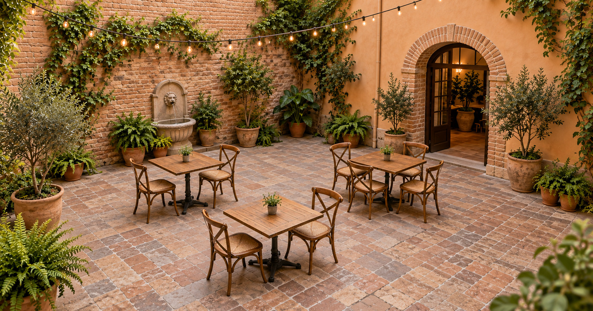 An empty enclosed restaurant courtyard has three wooden tables, eight chairs, plants, and a brick archway.