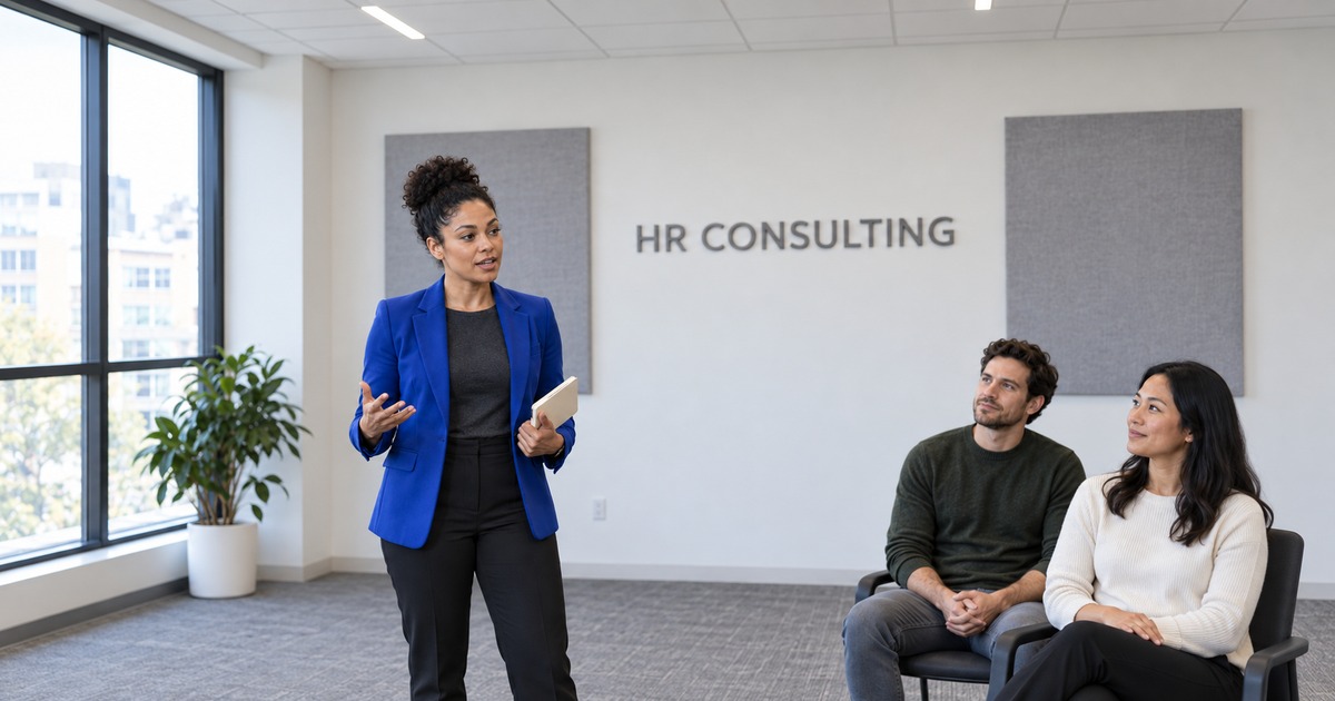 An HR consulting facilitator gestures with an open hand while two colleagues listen in a bright workshop room.