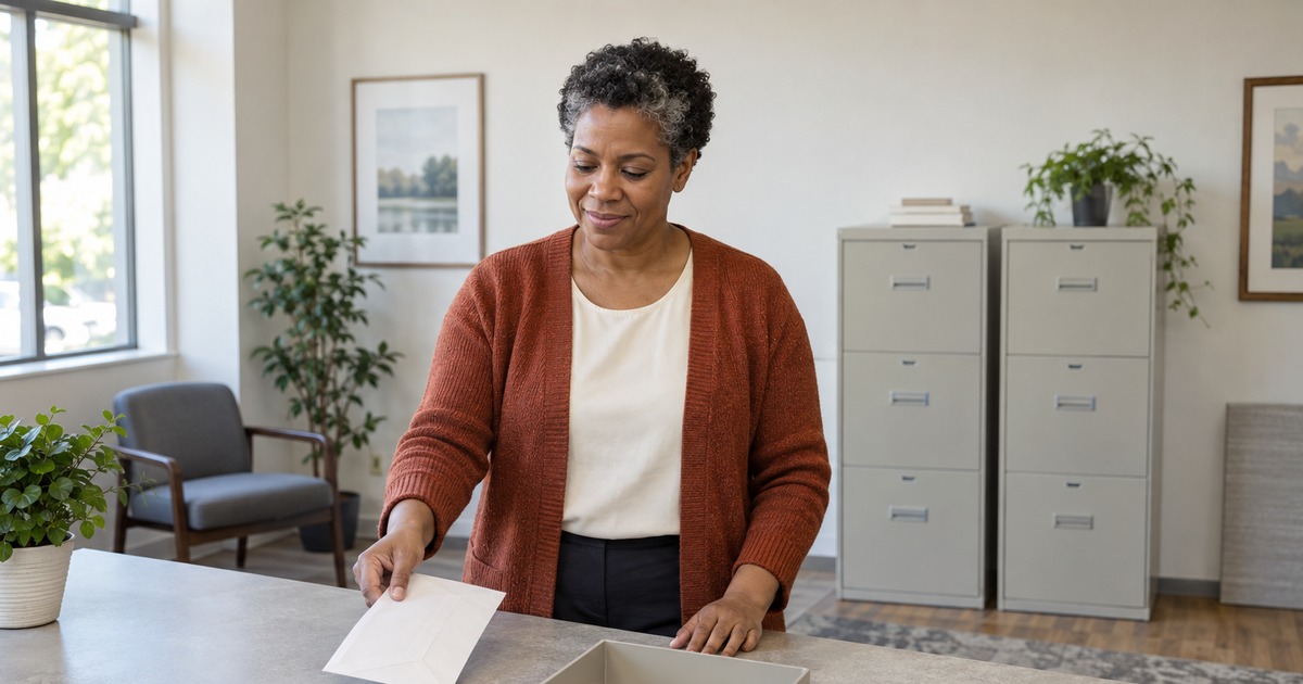 An insurance agency staff member receives a sealed envelope at an administrative intake counter.