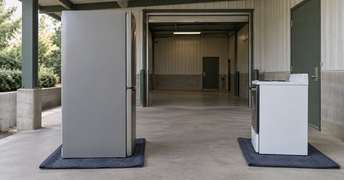 A refrigerator and range stand on moving pads in a covered appliance-service loading area.