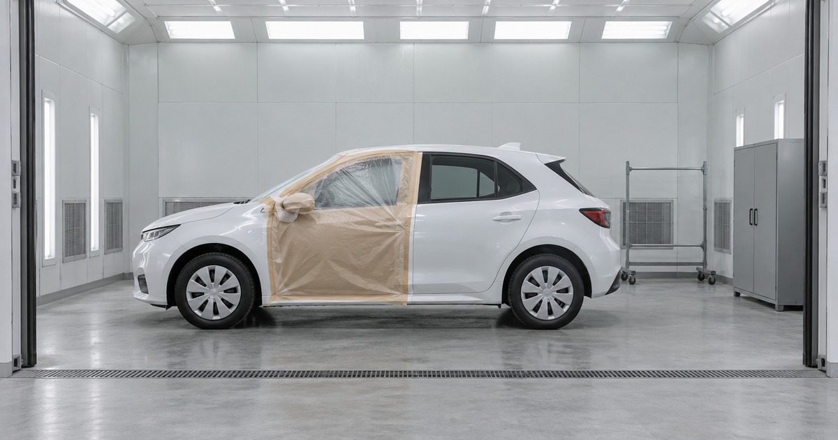 A compact car with one masked door stands inside an auto-body preparation booth.